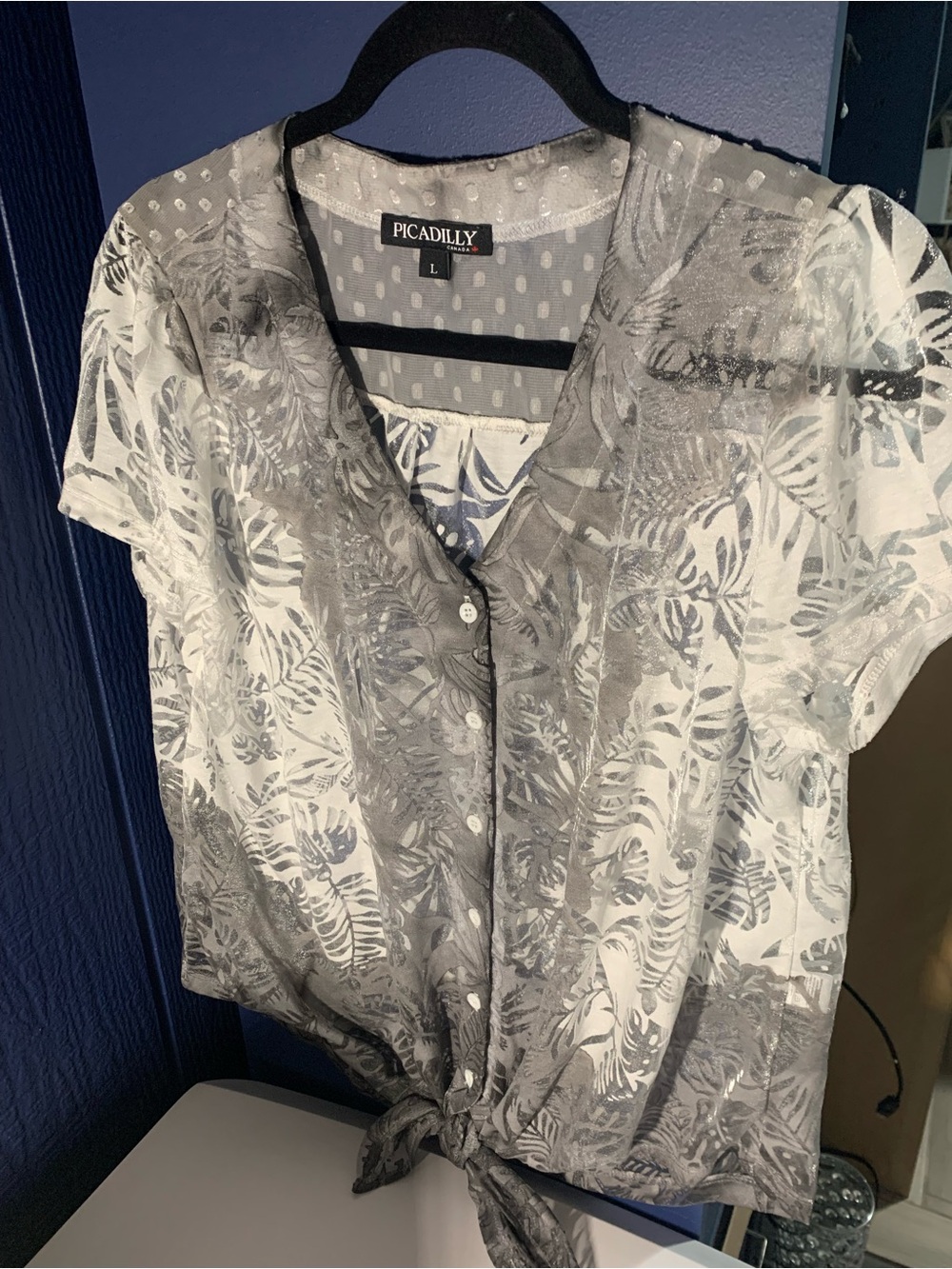 Picadilly Sheer White & Gray Leaf Print Tie-Front Blouse